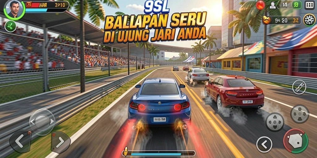 Tampilan gameplay menegangkan dari 9SL dengan mobil balap yang bertarung di lintasan.