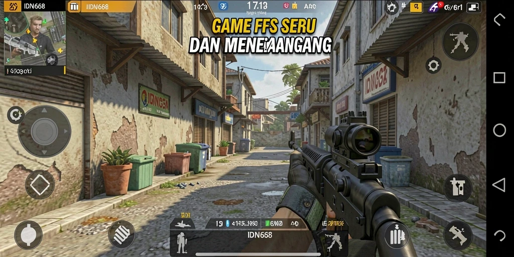 Tampilan gameplay menegangkan di IDN668 dengan aksi FPS yang intens.