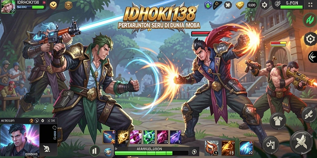 Screenshot gameplay IDRHOKI138 yang menunjukkan aksi pertarungan tim MOBA.