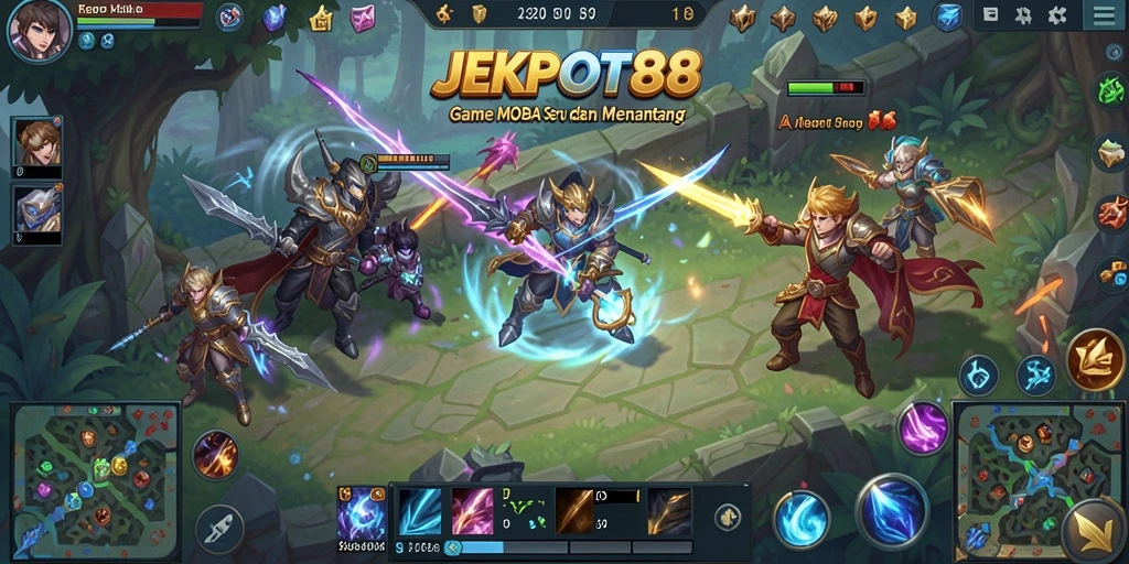 Screenshot gameplay JEKPOT88 menampilkan aksi pertempuran MOBA yang intens.