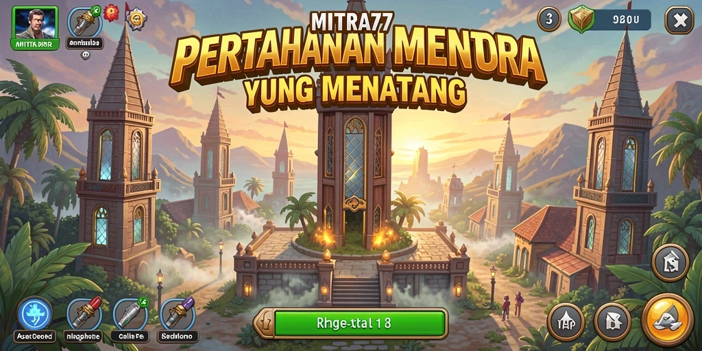 Screenshot utama MITRA77 menampilkan aksi pertahanan menara yang mendebarkan.
